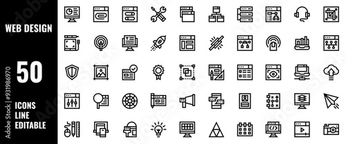 50 Web Design Icons Set Line Editable Vector Illustration