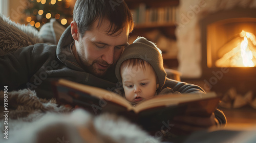 father and his son are sitting by the fireplace, reading a book together