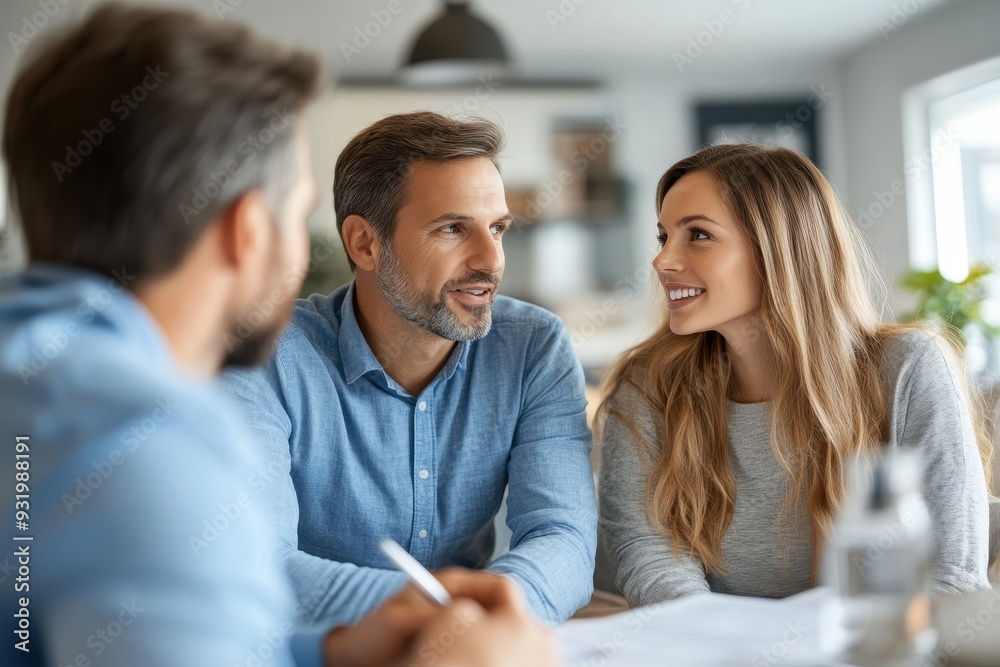 Financial Adviser Discussing Mortgage Options with Young Couple in Bright Room, Close-Up Conversation Financial Adviser Discussing Mortgage Options with Young Couple in Bright Room, Close-Up Conversation