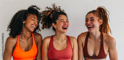 Three diverse smiling women in athletic wear laughing and posing for the camera against white background. Studio portrait of three women wearing sportswear. Cheerful women laughing