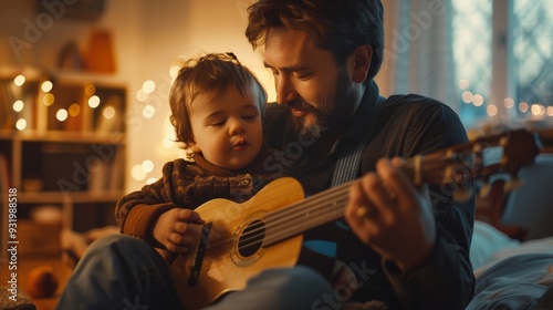father and his young son play guitar together in their living room, showcasing the joy and connection of music and family.