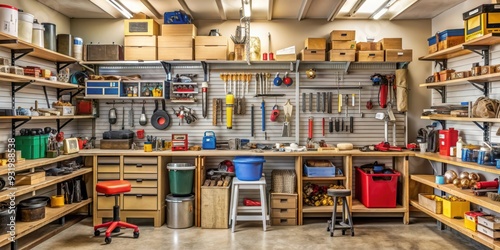 A cluttered garage with tools and boxes lining the shelves, messy, disorganized, storage, tools, boxes