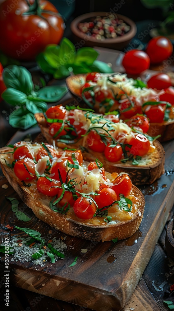Delicious bruschetta with tomatoes, cheese, traditional Italian food Delicious bruschetta with tomatoes, cheese, traditional Italian food