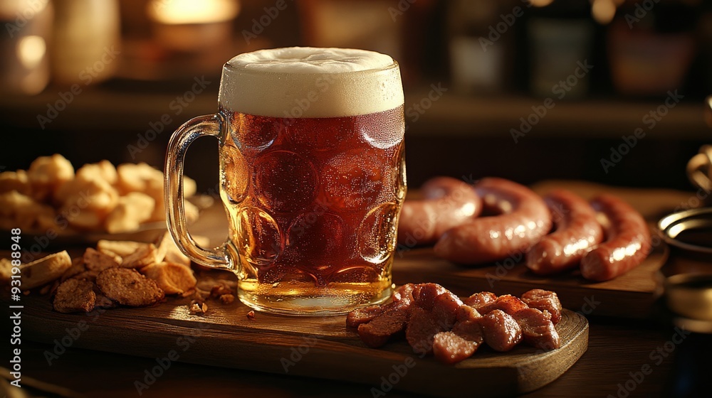 Glass of beer with foam accompanied by sausages and bread, creating a warm atmosphere Glass of beer with foam accompanied by sausages and bread, creating a warm atmosphere