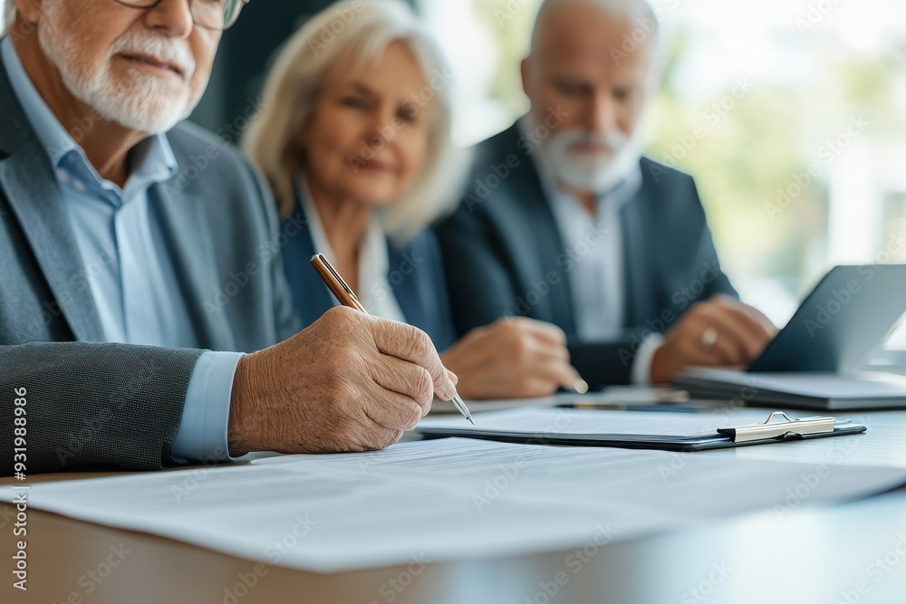 Financial Adviser Discussing Tax Strategies with Retiring Couple | Documents on Table, Medium Shot Consultation Session Financial Adviser Discussing Tax Strategies with Retiring Couple | Documents on Table, Medium Shot Consultation Session