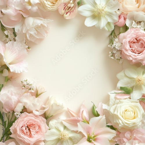 Delicate pastel-colored roses and other flowers create a romantic border around a blank beige space.