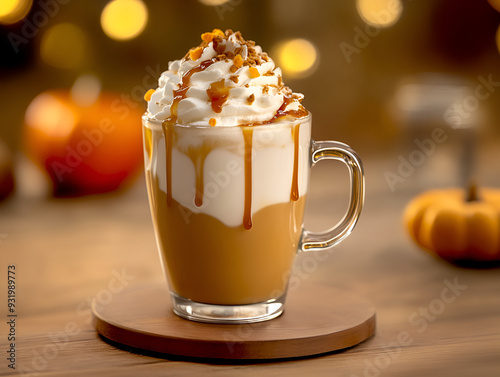 Delicious pumpkin spice latte topped with whipped cream and caramel drizzle, served with mini pumpkins, autumn drink indulgence