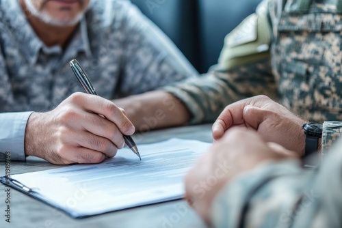 Financial Adviser Providing Retirement Guidance to Military Veteran in Tranquil Setting, Close-Up Discussion