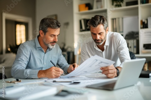 Financial Adviser Assisting Small Business Owner with Retirement Planning in Bright Office - Medium Shot photo