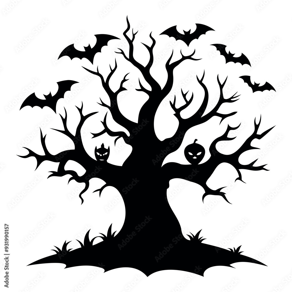 Black silhouette Halloween tree with bats Isolated on a white background Black silhouette Halloween tree with bats Isolated on a white background