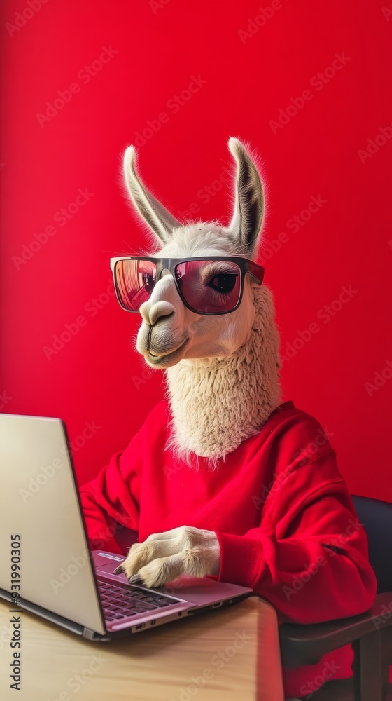 Fototapeta premium Llama wearing sunglasses working on laptop at desk
