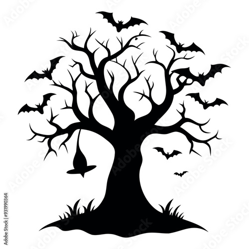 Black silhouette Halloween tree with bats Isolated on a white background
