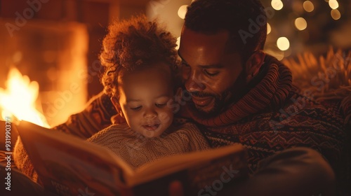 father and his daughter are cuddled up by a warm fireplace reading a book together