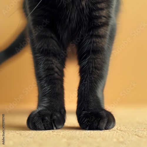 Detailed Close-up of Completely Black Cat's Cartoon-Style Front Paws on Monotone Background