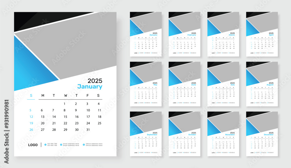 Modern wall calendar design 2025, Corporate 12 month wall calendar 2025 schedule, Week starts on Sunday, Simple vertical calendar design template. Modern wall calendar design 2025, Corporate 12 month wall calendar 2025 schedule, Week starts on Sunday, Simple vertical calendar design template.