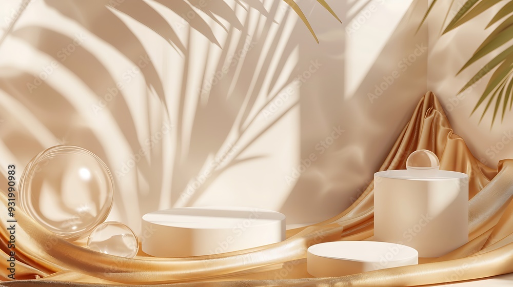 Minimalist Product Display with Golden Fabric and Glass Spheres Minimalist Product Display with Golden Fabric and Glass Spheres