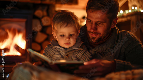 father reading a book to his son by the warm fireplace