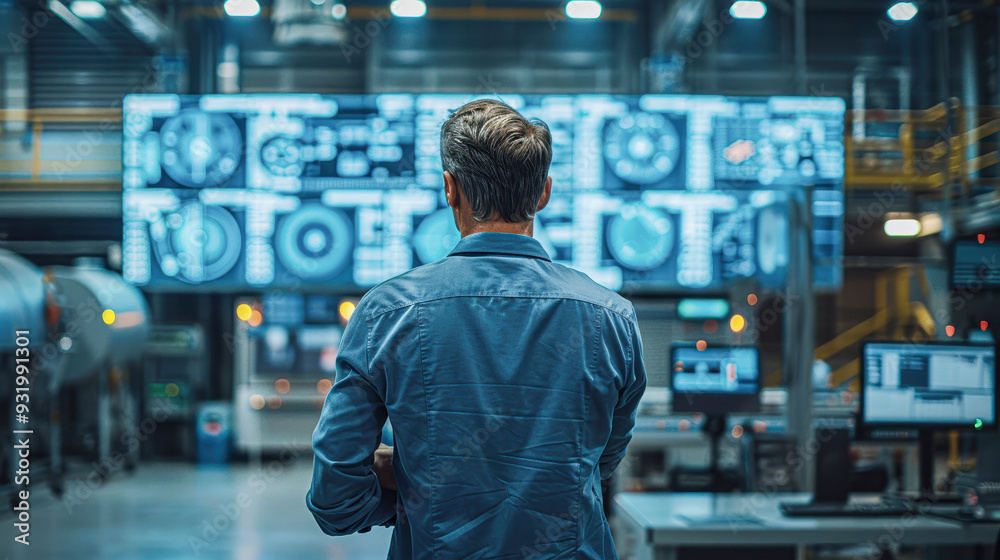 A man stands in front of a large monitor displaying a complex system A man stands in front of a large monitor displaying a complex system
