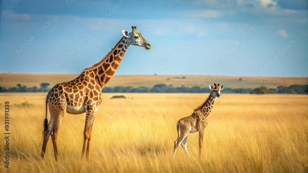 Obraz premium Giraffe mother standing tall next to calf in savannah grasslands, giraffe, mother, calf, wildlife, Africa, savannah, tall