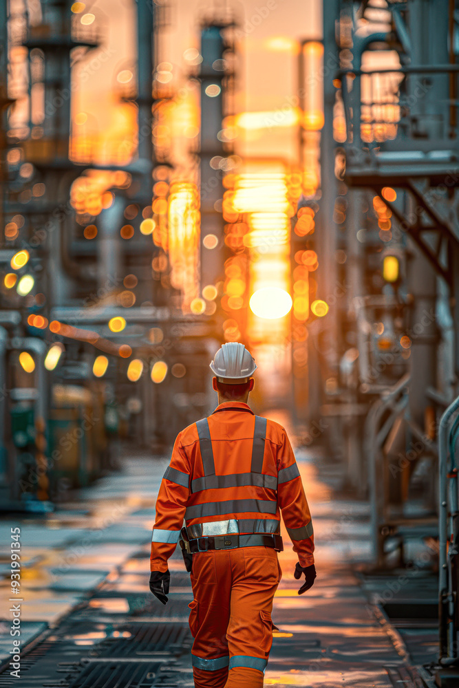 A man in an orange safety suit walks through a large industrial area A man in an orange safety suit walks through a large industrial area