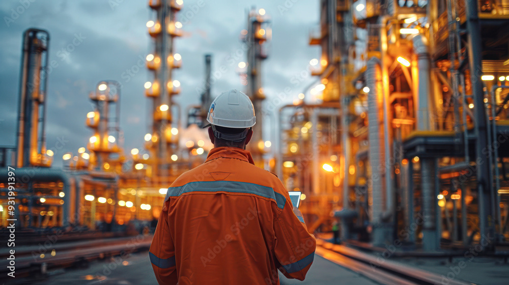 Naklejka premium A man in an orange jacket is standing in front of a large industrial plant