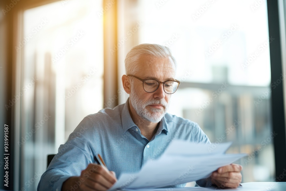 Fototapeta premium Senior Business Owner Analyzing Financial Data in Bright Modern Office with Close-up View