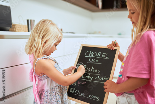 Children, chalkboard and checklist of chores in home, writing or reading for help, team or development in morning. Kids, blackboard and together with schedule planning for cleaning in family house photo