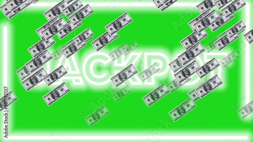 JACKPOT white neon animation with flashing effect frame two line neon progresses white as well as dollar money animation scratching hambur with green background photo