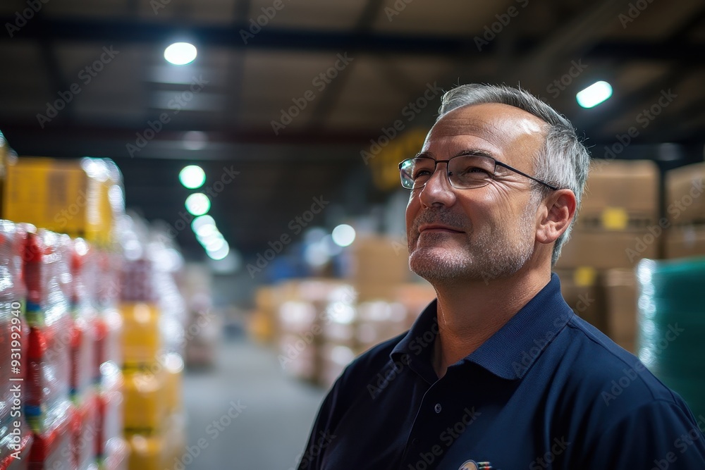 Fototapeta premium Experienced Senior Business Owner Managing Warehouse Logistics Under Bright Lights