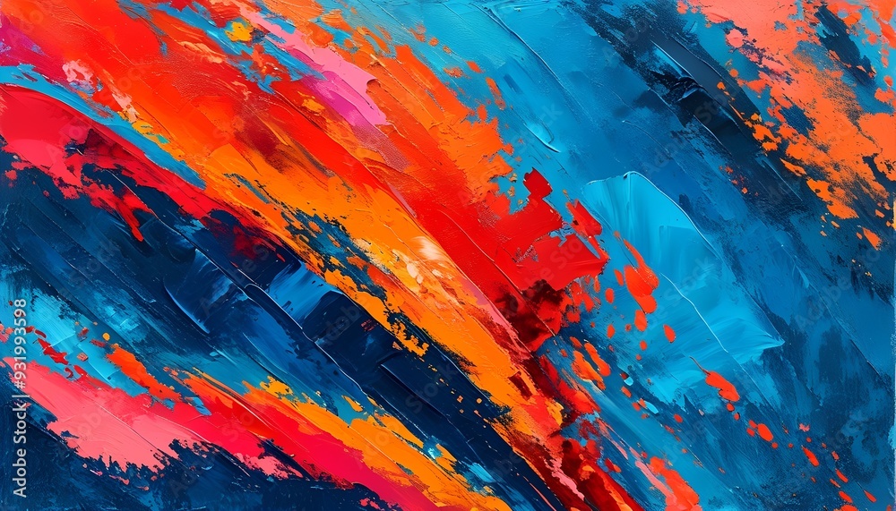 Abstract painting with bold strokes of blue, orange, and red, acrylic paint on canvas, impasto texture Abstract painting with bold strokes of blue, orange, and red, acrylic paint on canvas, impasto texture