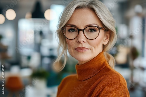 Senior Woman Engaged in Corporate Philanthropy in a Bright Office Environment, Showing a Thoughtful Expression photo