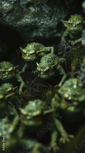 Tiny green goblins are busy digging in the dimly lit depths of a mysterious cave photo