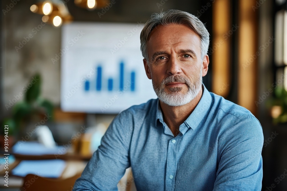 Fototapeta premium Senior Businessman Conducting Financial Audits in Classic Office Setting, Serious Expression, Medium Shot