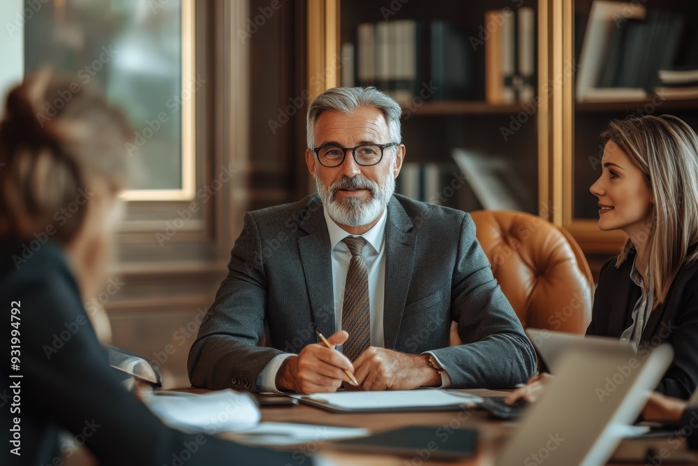 Senior Business Owner Consulting with Financial Advisers in Classic Office Environment - Warm Tones, Medium Shot Senior Business Owner Consulting with Financial Advisers in Classic Office Environment - Warm Tones, Medium Shot