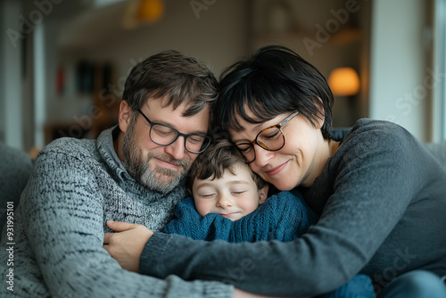 Family moment. A middle-aged Caucasian father and mother embrace their son sitting on the sofa in their living room. Parent-child relationships and tenderness.