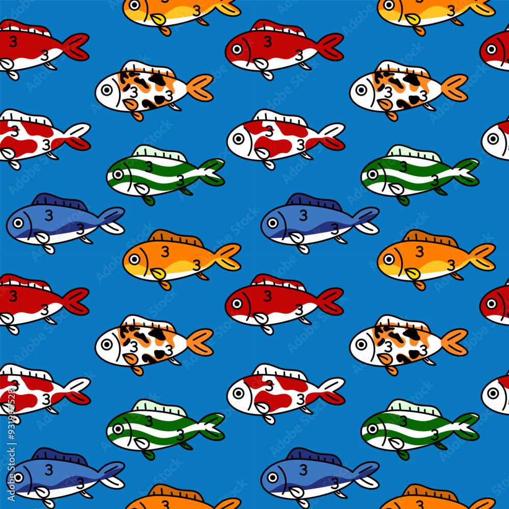 Cartoon koi fish so cute abstract colorful.on blue background.pattern seamless vector and illustration.