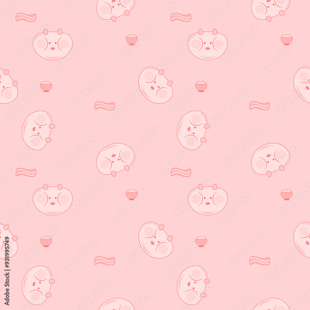 Face pig pink cartoon so cute.on bacon and rice pink color background.pattern seamless vector and illustration. Face pig pink cartoon so cute.on bacon and rice pink color background.pattern seamless vector and illustration.