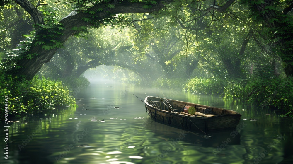 A serene wooden boat drifts silently on a calm river surrounded by dense greenery and mist at daybreak. Generative AI A serene wooden boat drifts silently on a calm river surrounded by dense greenery and mist at daybreak. Generative AI