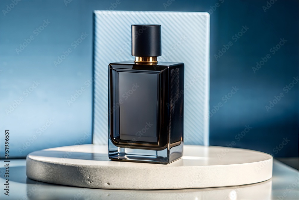 bottle of perfume on blue background bottle of perfume on blue background