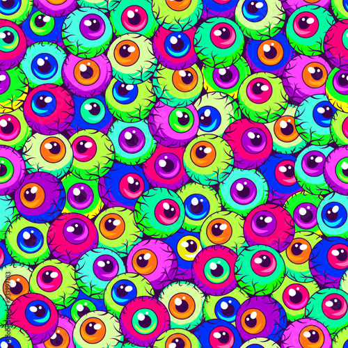 Seamless neon pattern with colorful eyeballs. Densely packed eyes. Surreal, psychedelic illustration for Halloween holiday.