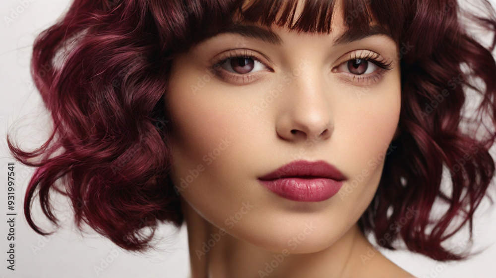 Fototapeta premium Close up studio portrait of natural beautiful woman with plum red lipstick