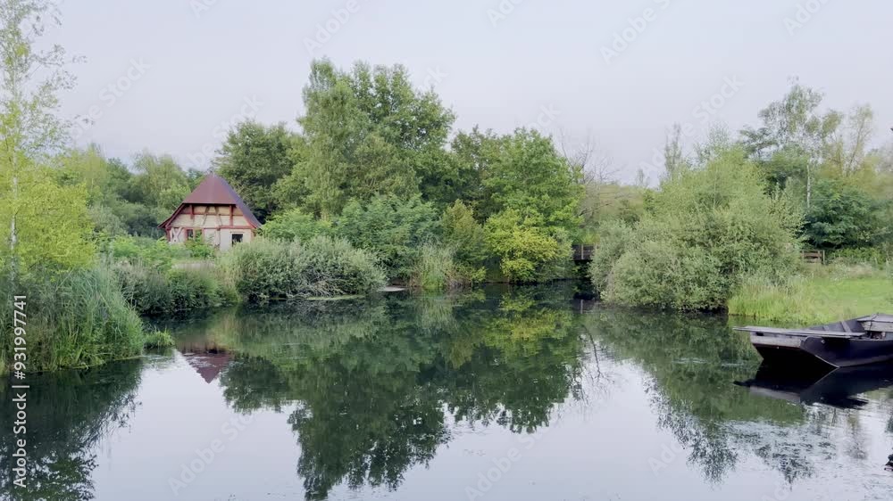 Rustic Half-Timbered House by a Tranquil Pond with a Wooden Rowboat Nestled in Lush Greenery Rustic Half-Timbered House by a Tranquil Pond with a Wooden Rowboat Nestled in Lush Greenery