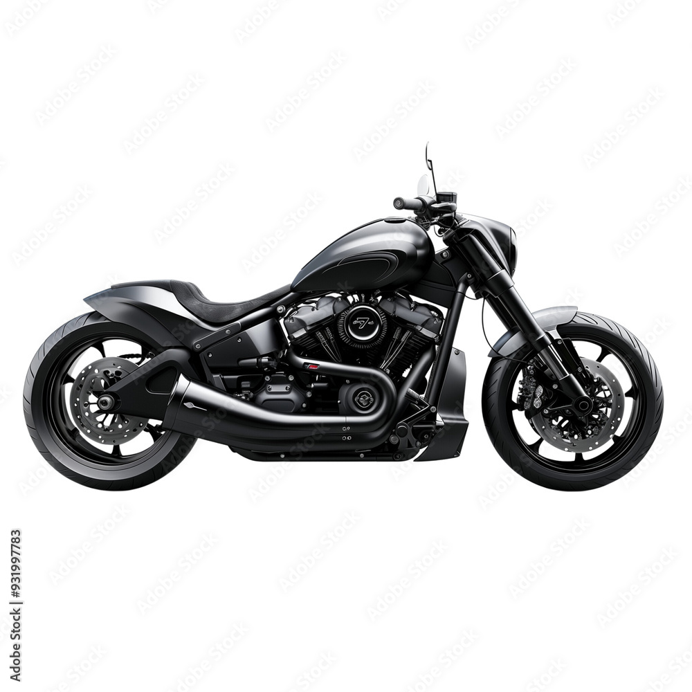 A dynamic side view of a contemporary black motorcycle, isolated on a transparent background A dynamic side view of a contemporary black motorcycle, isolated on a transparent background