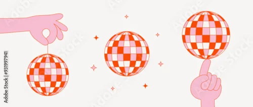 Fototapeta na wymiar Set of red and pink disco balls with stars and hands on a light background, cartoon illustration, flat style
