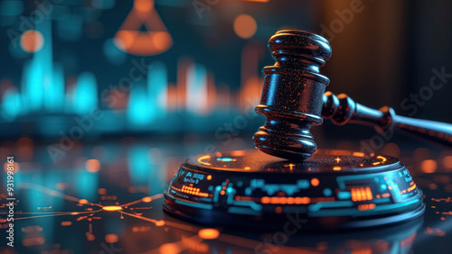 Futuristic Gavel with Digital Interface AI and Technology Law Concept, Justice Background