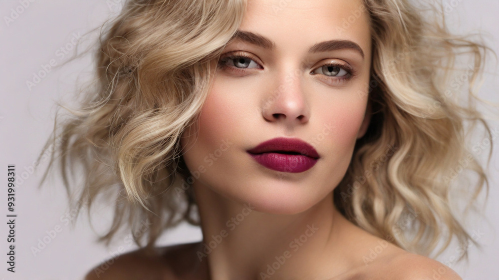 Fototapeta premium Close up studio portrait of natural beautiful woman with plum red lipstick
