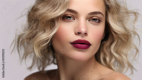 Close up studio portrait of natural beautiful woman with plum red lipstick
