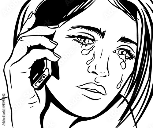 Young attractive woman calling phone and crying, detail, pop art comic vector illustration, outline coloring book