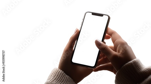 Closeup of Hands Holding a Smartphone with White Screen