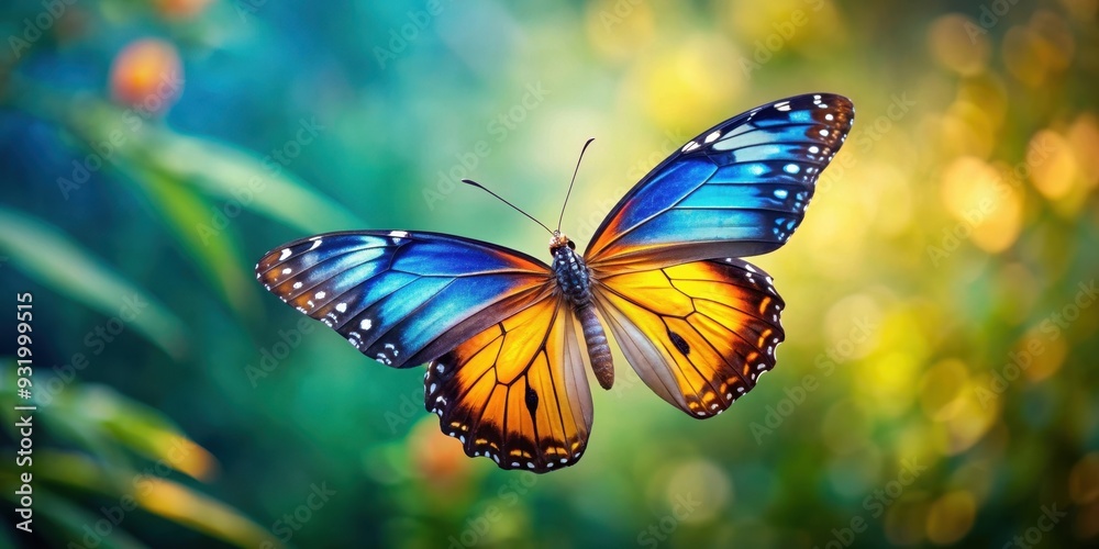Fototapeta premium Beautiful butterfly in flight with blue, yellow, and orange wings, butterfly, flight, isolated, background, colors, vibrant